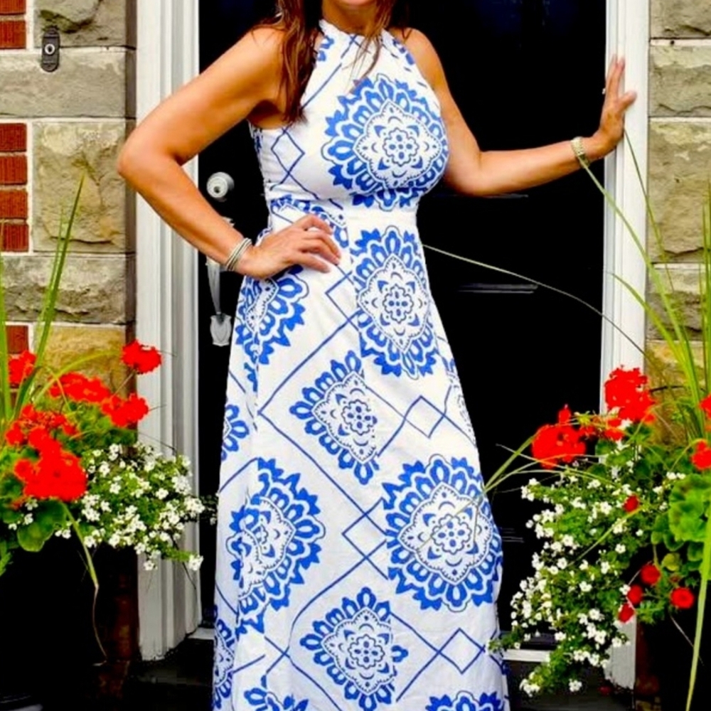 1. State Linen Maxi Dress Blue White Portuguese Tile Print Tie Back Size Large